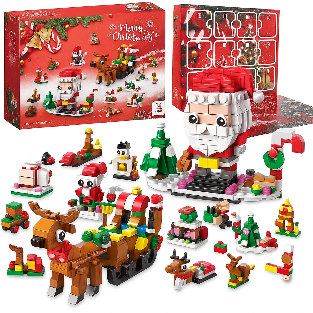 Calendrier de Noël en Bois – Jeu de Blocs Père Noël et Sapin