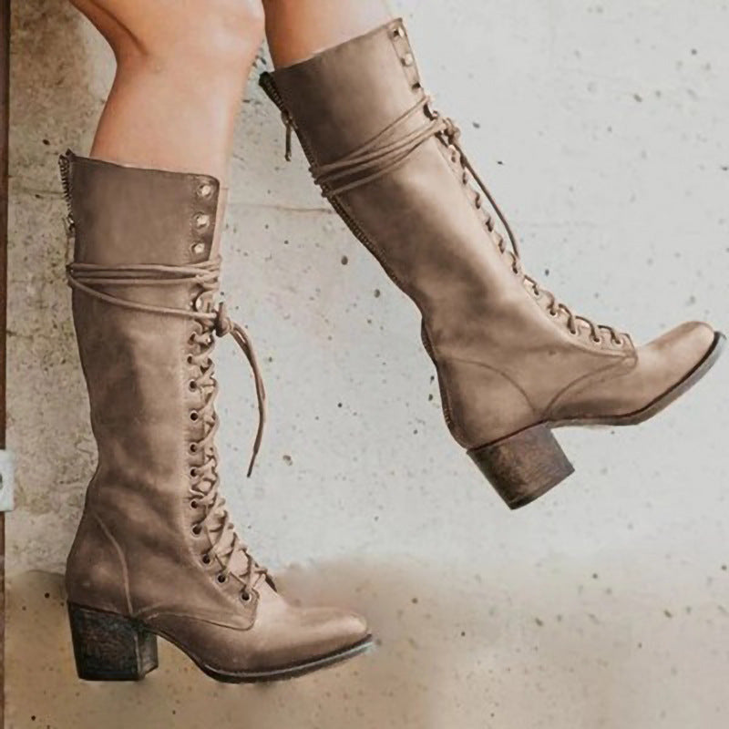 Bottes Hautes Féminines Noires en Cuir Synthétique à Talon Épais