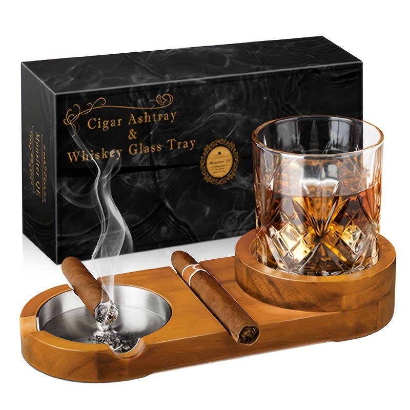 Cendrier de Cigare Élégant en Bois de Cèdre avec Verre à Whisky Intégré