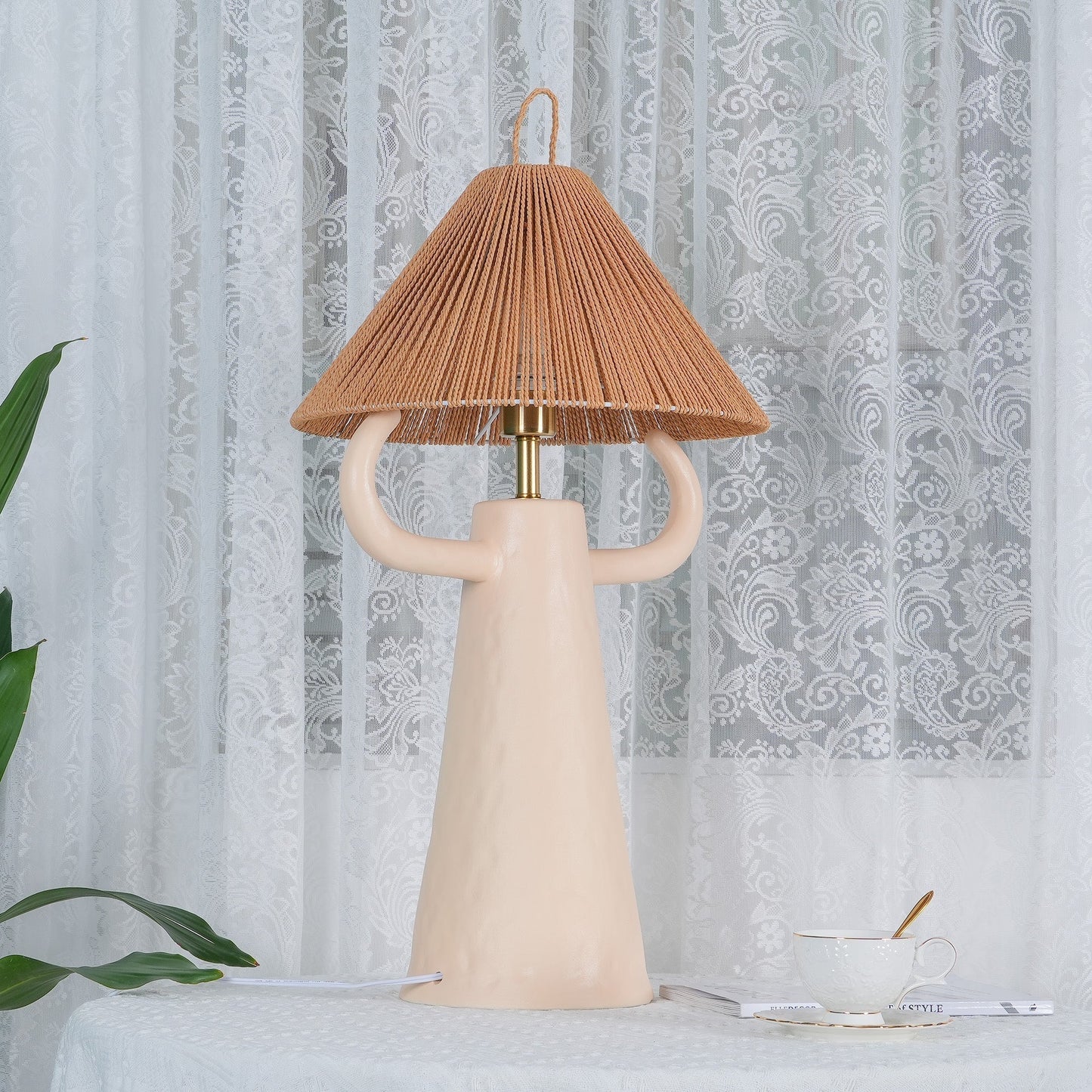 Lampe de Table en Terre Cuite Charmante avec Abat-jour en Fibre Naturelle