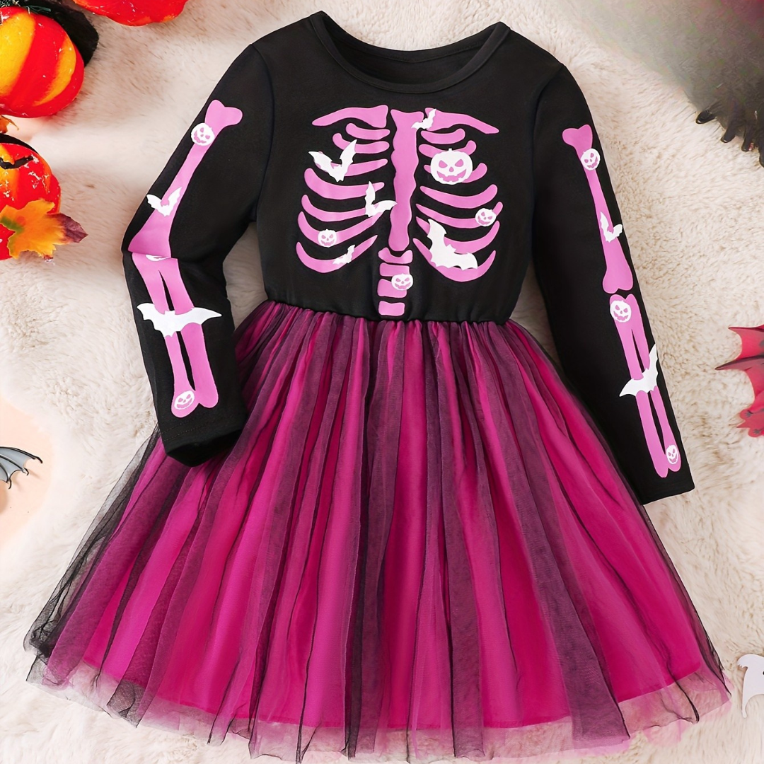 Robe d'Halloween Fillette Squelette | Manches Longues Tutu Mini - Foivo