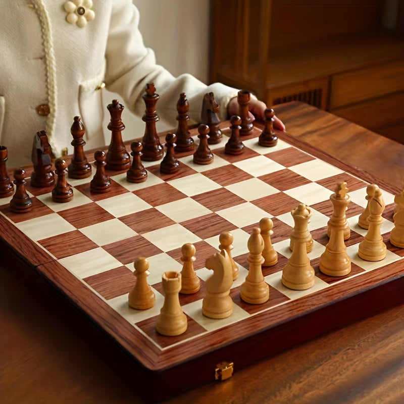 Jeu d’échecs en bois avec coffret de rangement pliable, pièces en bois et intérieur doublé noir-accessoires-Oslo France