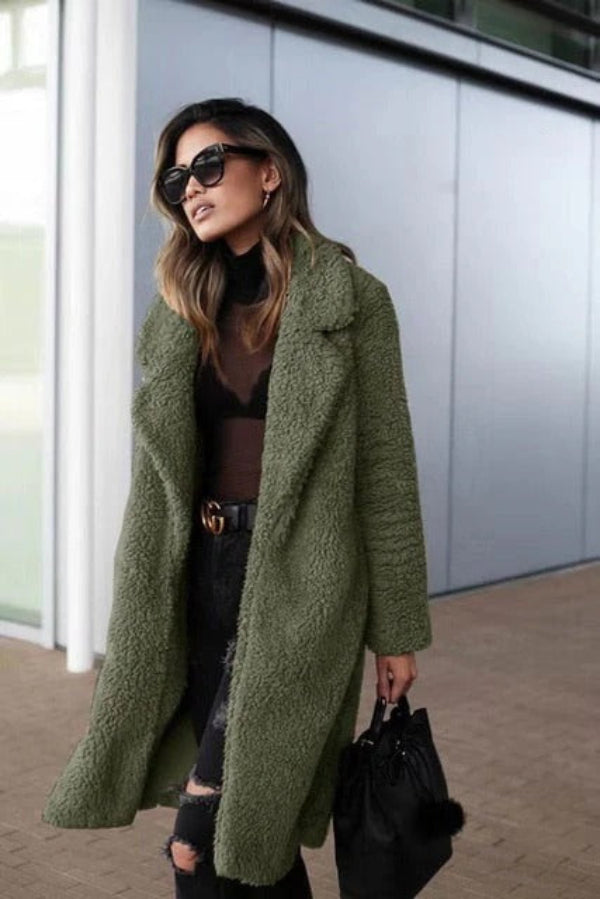 Manteau Élégant en Peluche Femme - Doudoune Longue Col Réversible pour Hiver