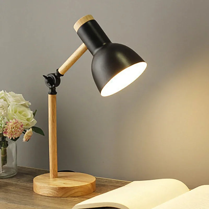 Lampe de Bureau en Bois, Abat-Jour Coloré et Design Nordique