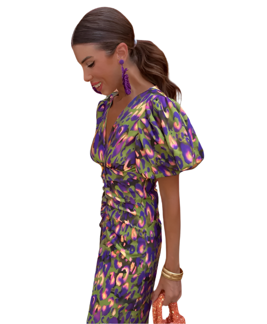 Robe Midi Florale Élégante à Manches Volantes