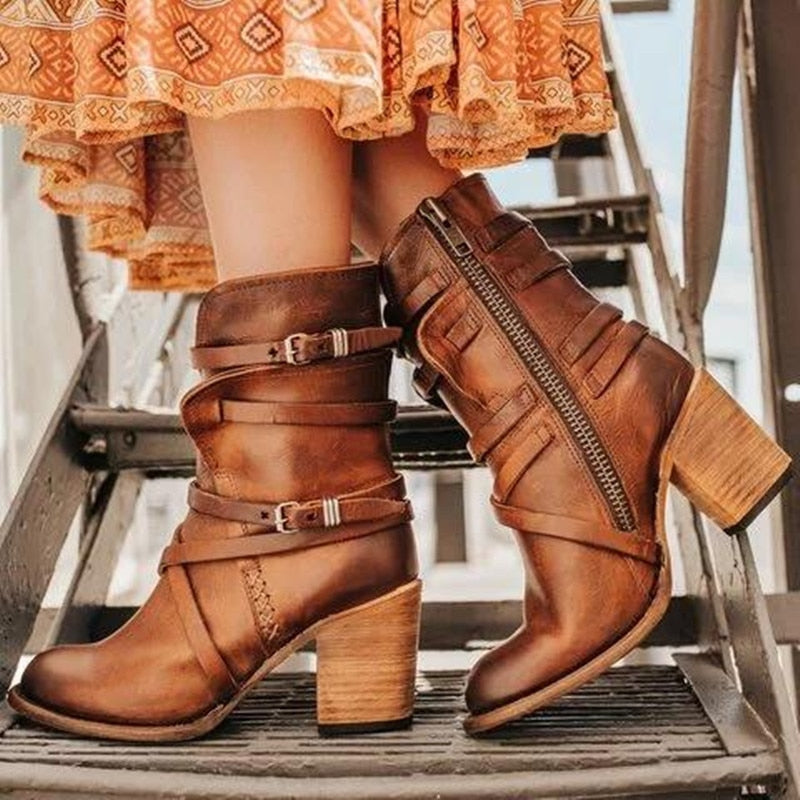 Bottines Cuir Foncé Femmes Élégantes Talon Bloc