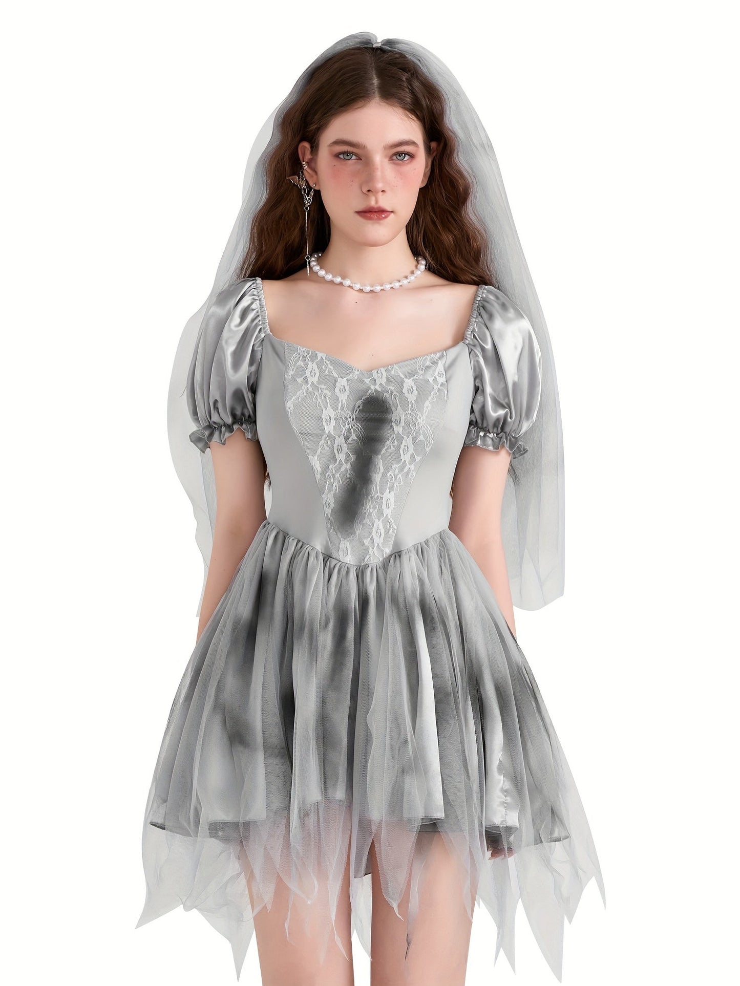 Robe de Mariée Noire Dramatique | Mini Robe à Manches Bouffantes et Volants - Foivo