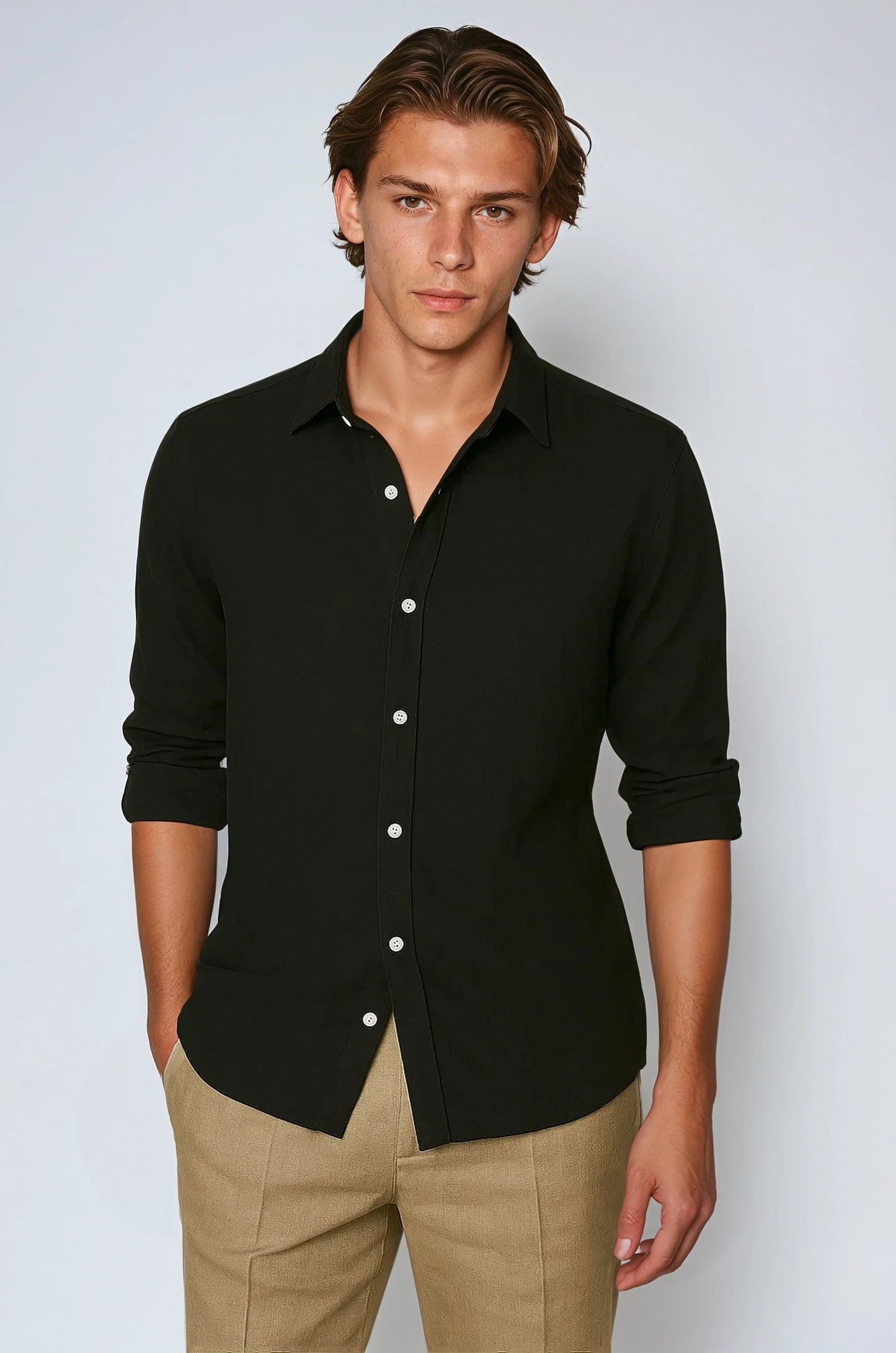Chemise Lin Noir Élégant Détails Tendances - Foivo