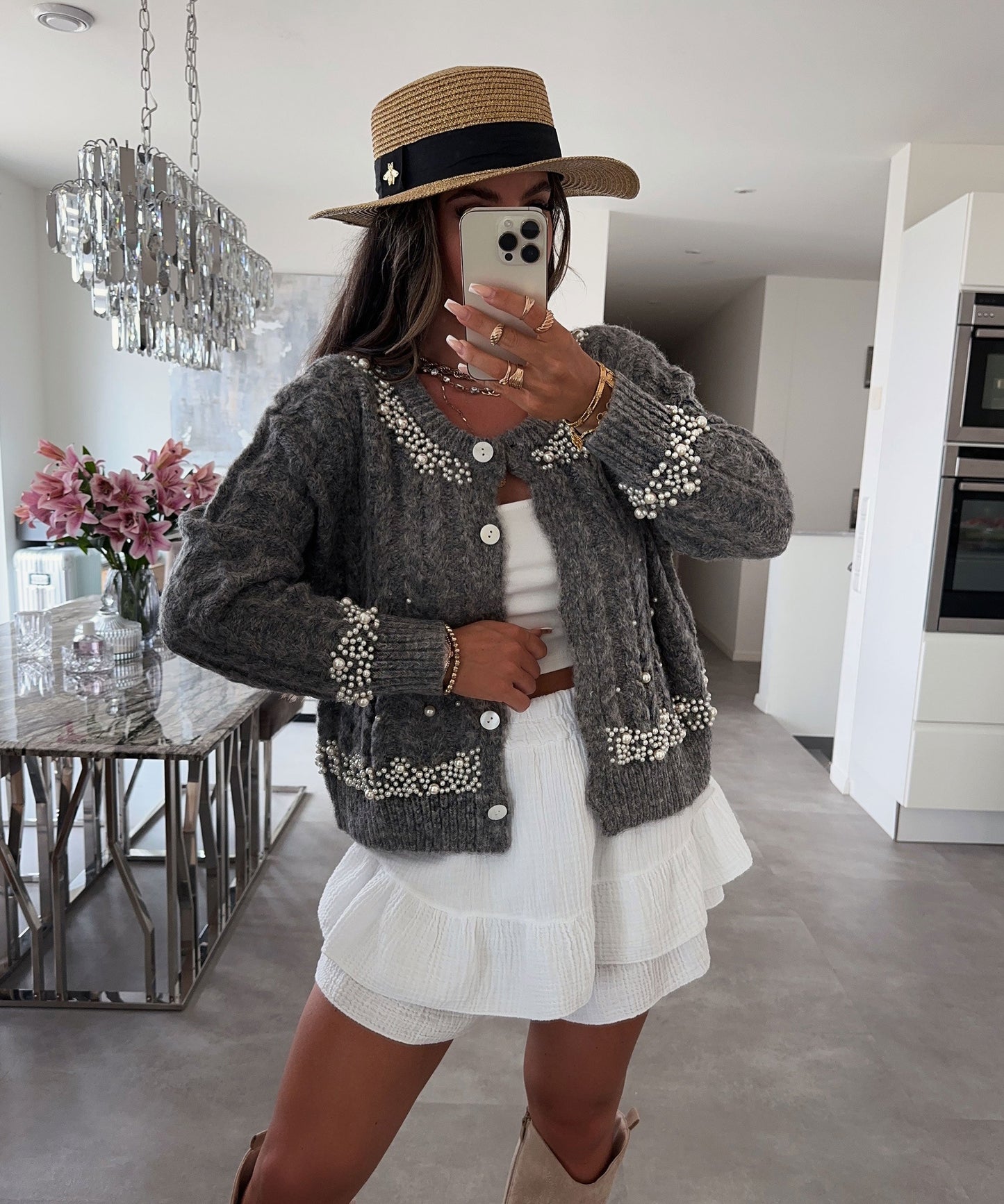 Veste élégante en perles grise soyeuse - BlxckFR