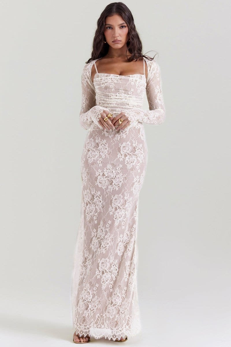 Robe de Soirée Dentellée Fleurie Dos Nu