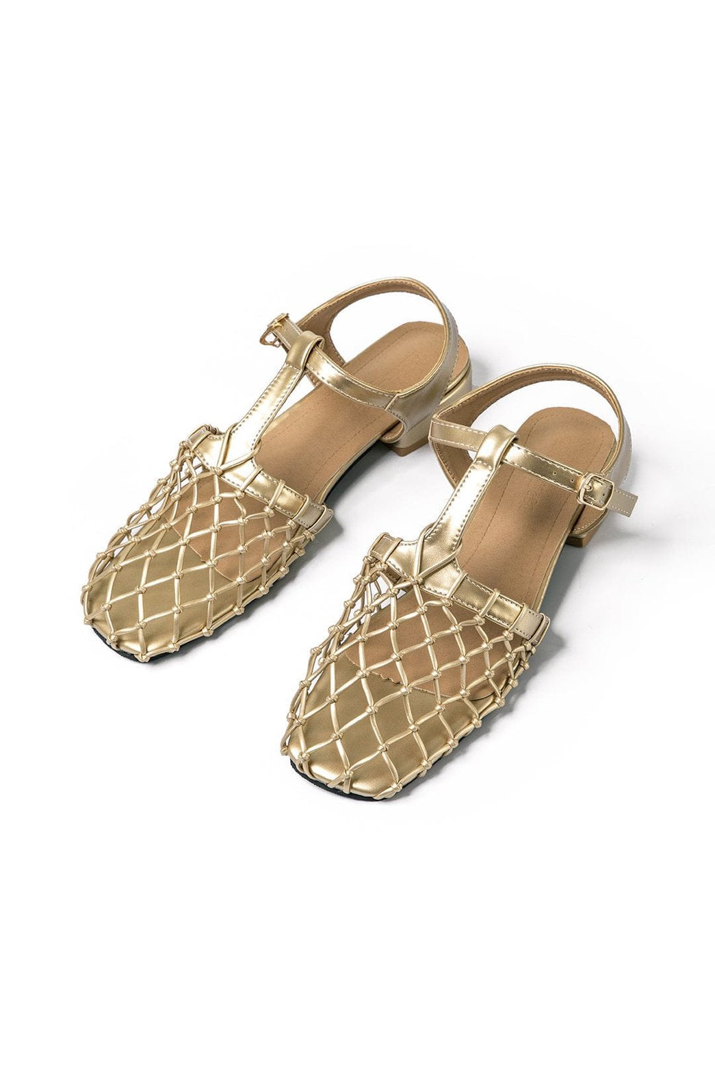 Sandales Tressées Talon Plat Doré - Foivo