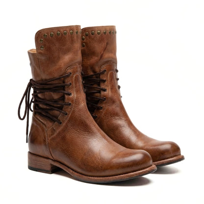 Bottes Mi-mollet Femme Cuir Lacets Détails Cloutés - Foivo