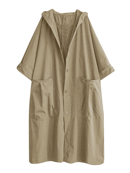 Manteau Élégant Femelle avec Capuche et Fermeture Boutons