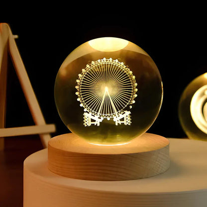 Lampe de Nuit en Bois avec Boule de Cristal