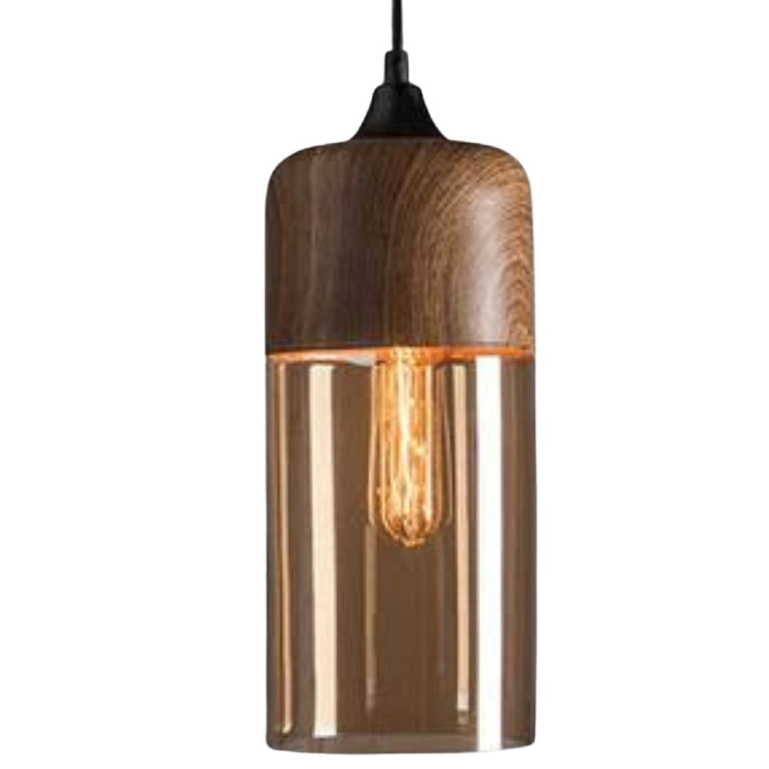 Lampe Suspendue Nordique en Bois et Verre Fumé
