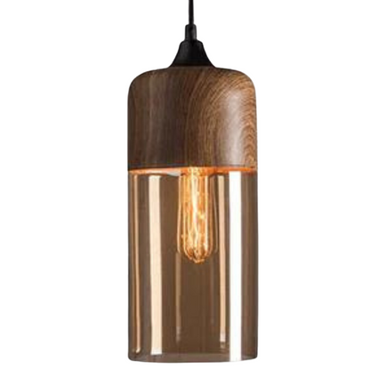 Lampe Suspendue Nordique en Bois et Verre Fumé