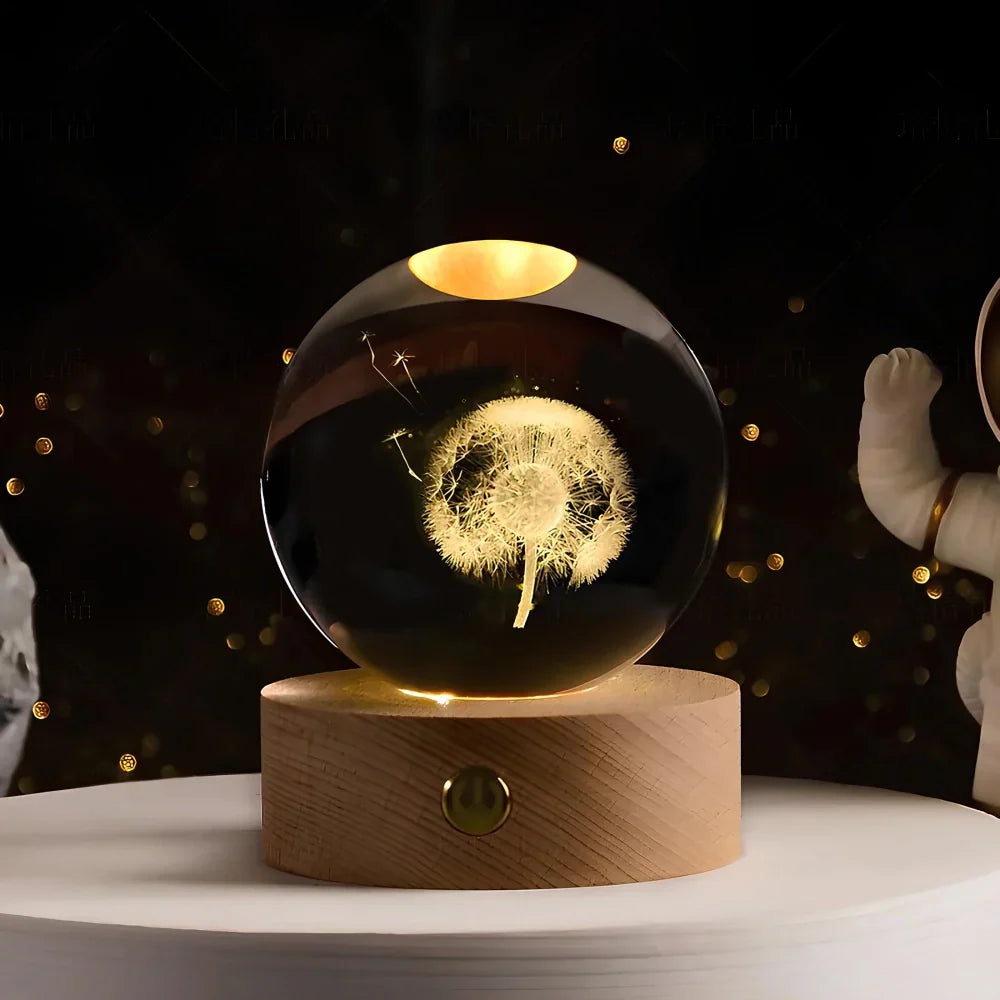 Lampe de Nuit en Bois avec Boule de Cristal