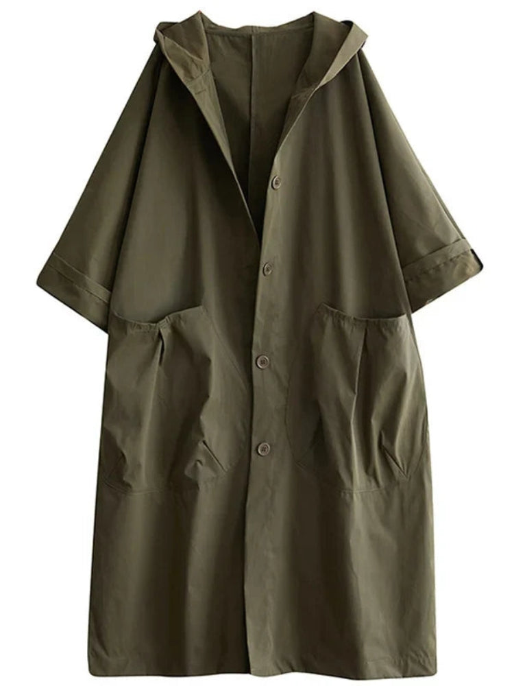 Manteau Élégant Femelle avec Capuche et Fermeture Boutons