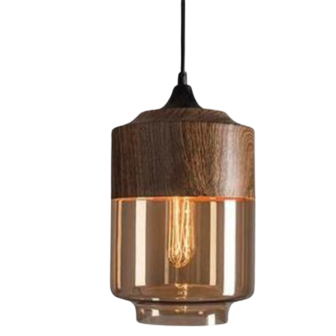 Lampe Suspendue Nordique en Bois et Verre Fumé