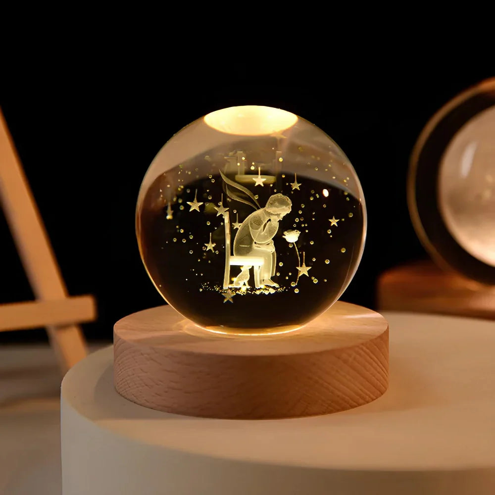 Lampe de Nuit en Bois avec Boule de Cristal