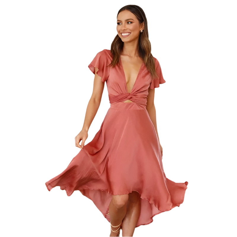Deborah - Robe midi haute-basse avec taille nouée et manches flottantes ...