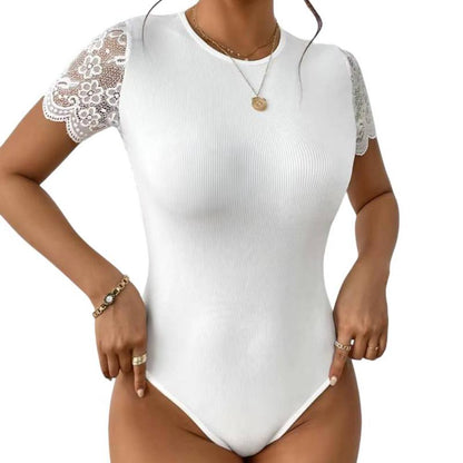 Corps de Maillot Féminin Élégant | Manches Courtes en Broderie Raffinée