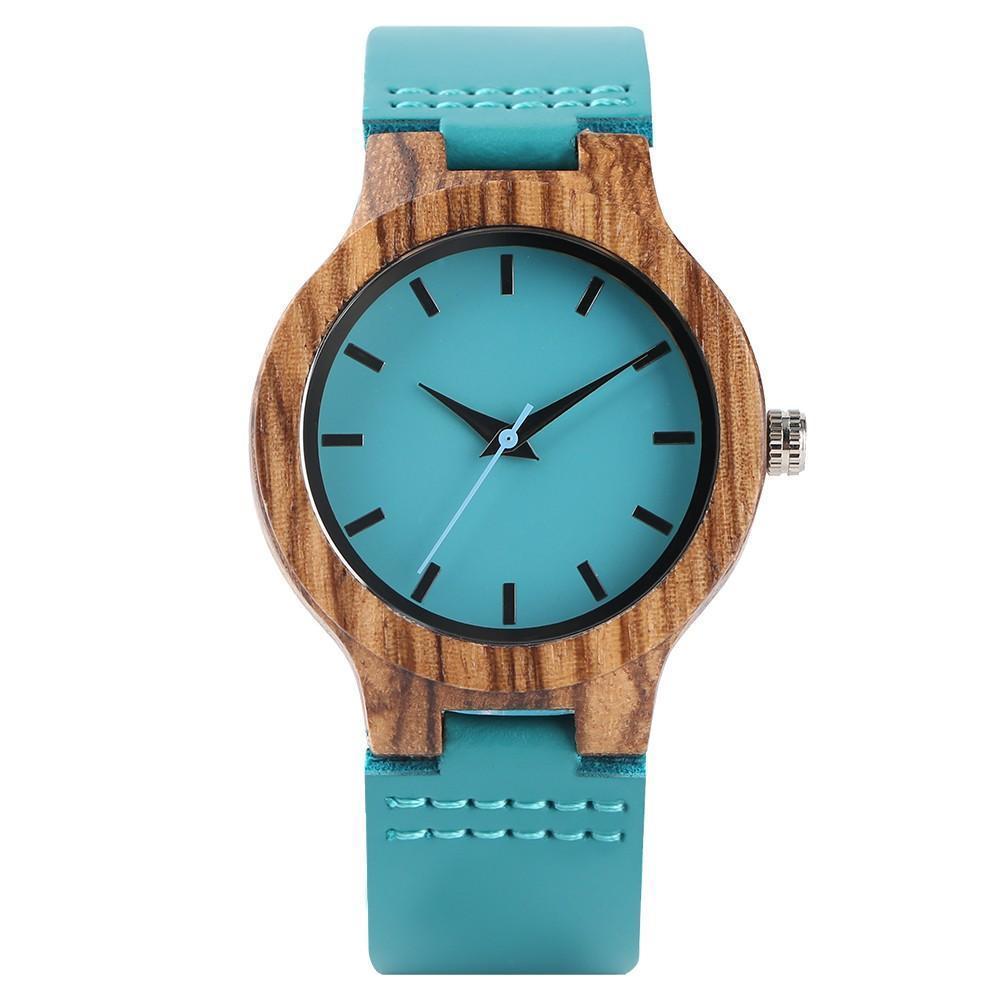 Montre Femme Élégante en Bamboo avec Accent Turquoise - Foivo
