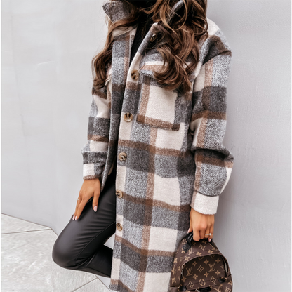 Manteau long à carreaux chic pour femme hiver