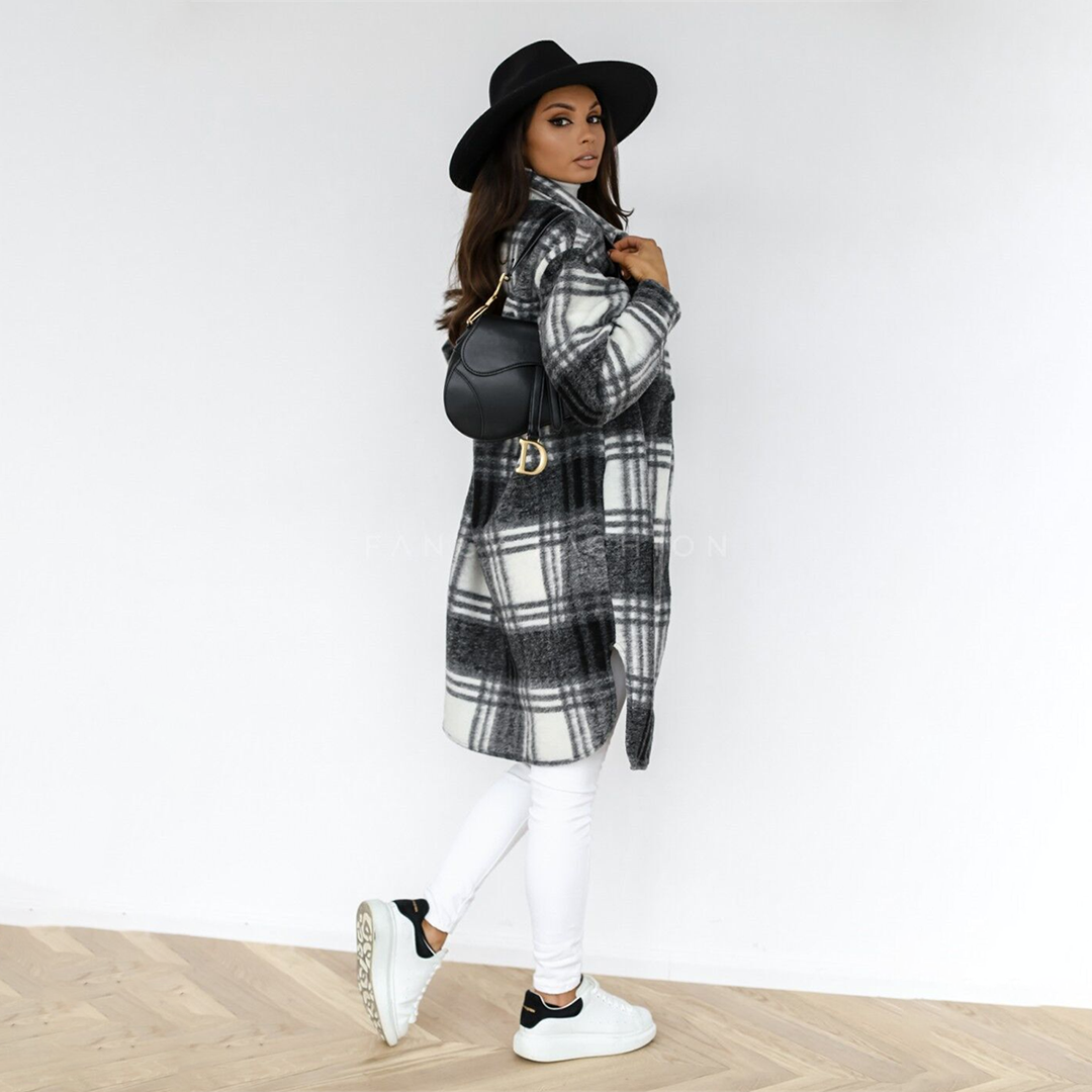 Manteau long à carreaux chic pour femme hiver - BlxckFR