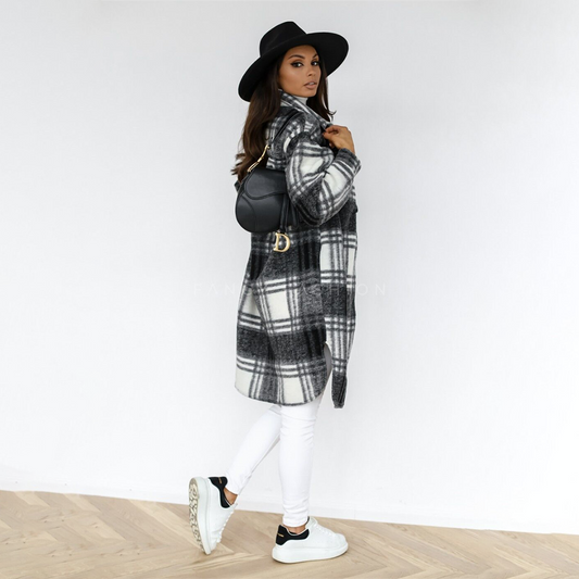 Manteau long à carreaux chic pour femme hiver - BlxckFR