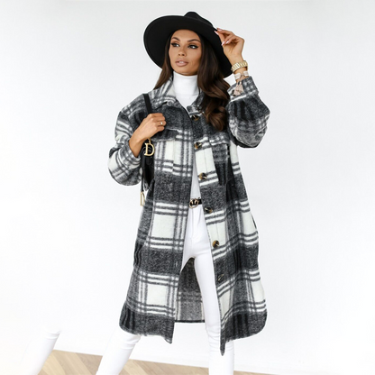 Manteau long à carreaux chic pour femme hiver