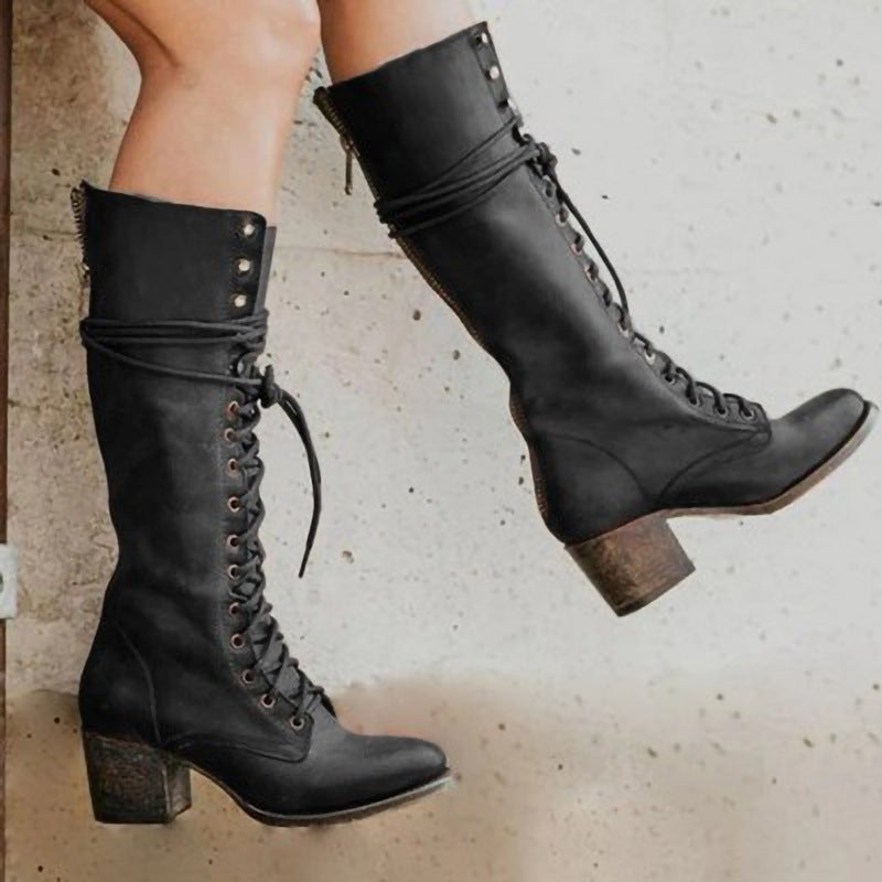 Bottes Hautes Féminines Noires en Cuir Synthétique à Talon Épais - Foivo