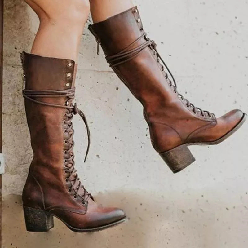 Bottes Hautes Féminines Noires en Cuir Synthétique à Talon Épais