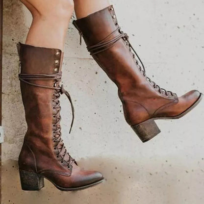 Bottes Hautes Féminines Noires en Cuir Synthétique à Talon Épais