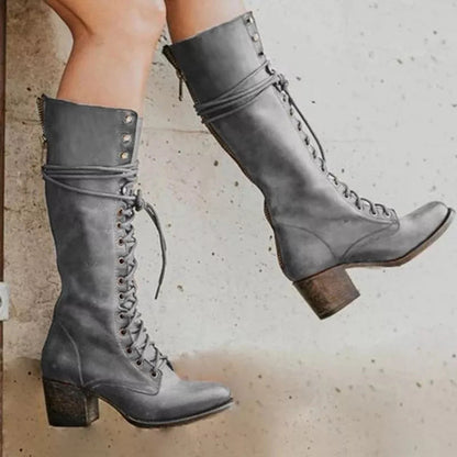 Bottes Hautes Féminines Noires en Cuir Synthétique à Talon Épais