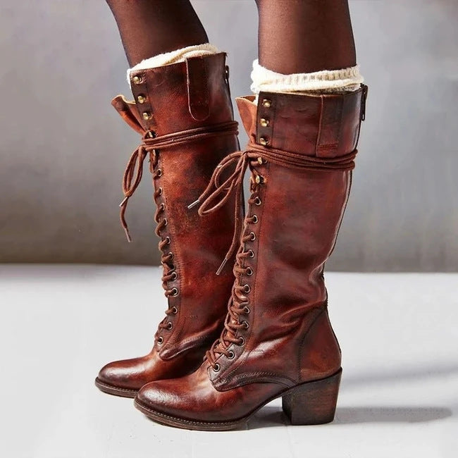 Bottes Hautes Féminines Noires en Cuir Synthétique à Talon Épais