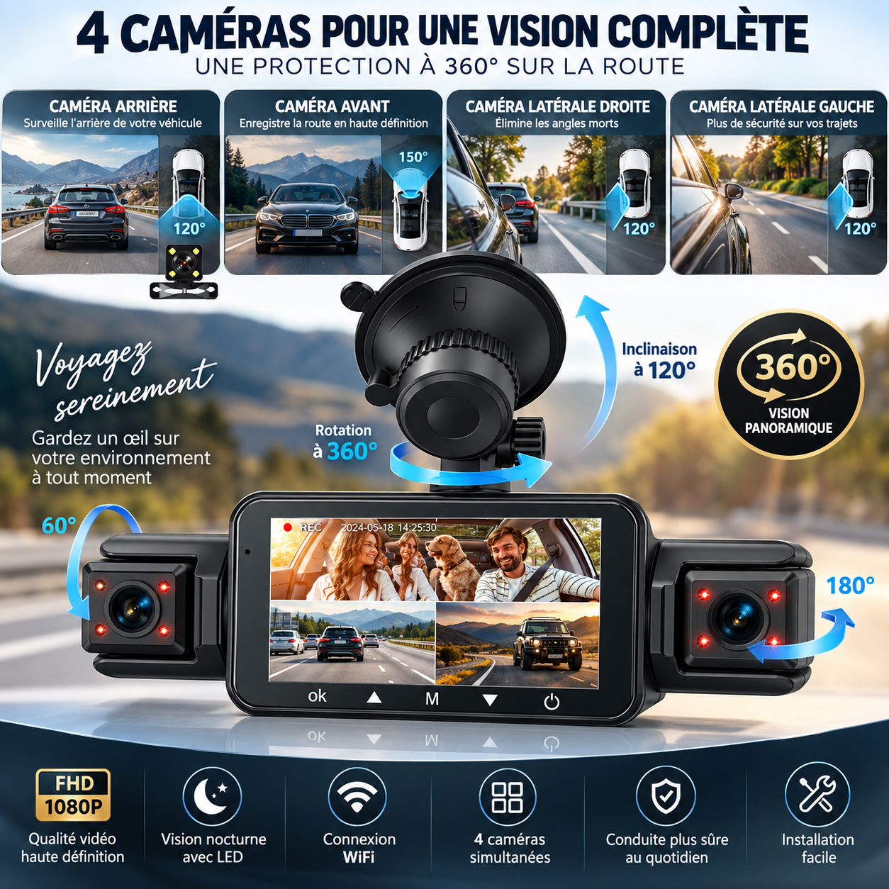 Caméra de recul voiture 4 caméras avec écran, vision nocturne et WiFi-accessoires-Oslo France