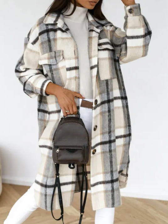 Manteau hivernal en laine écossais féminin - BlxckFR