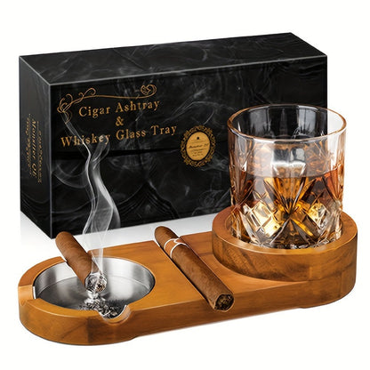 Cendrier de Cigare Élégant en Bois de Cèdre avec Verre à Whisky Intégré