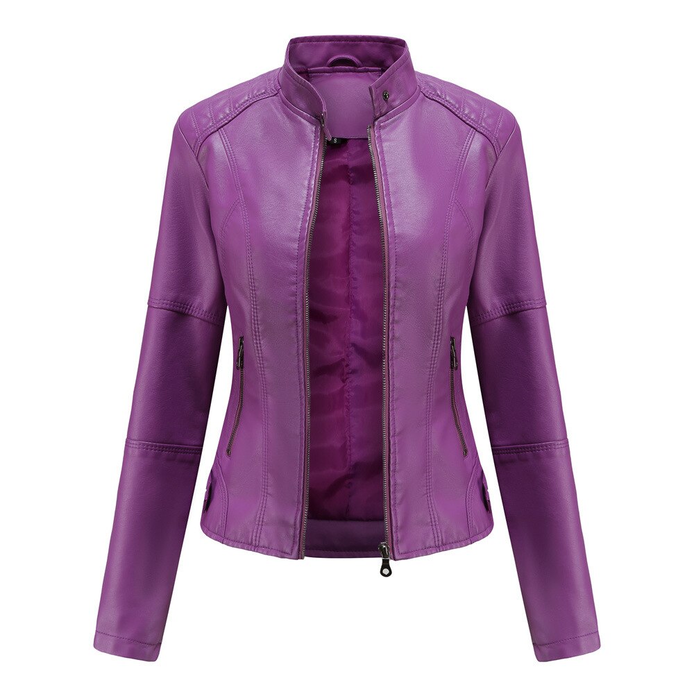 Veste cuir féminine élégante col montant