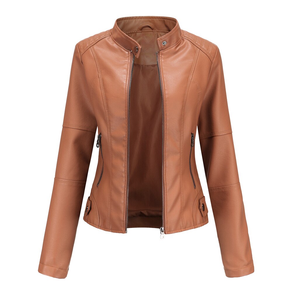 Veste cuir féminine élégante col montant