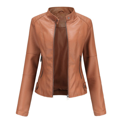 Veste cuir féminine élégante col montant
