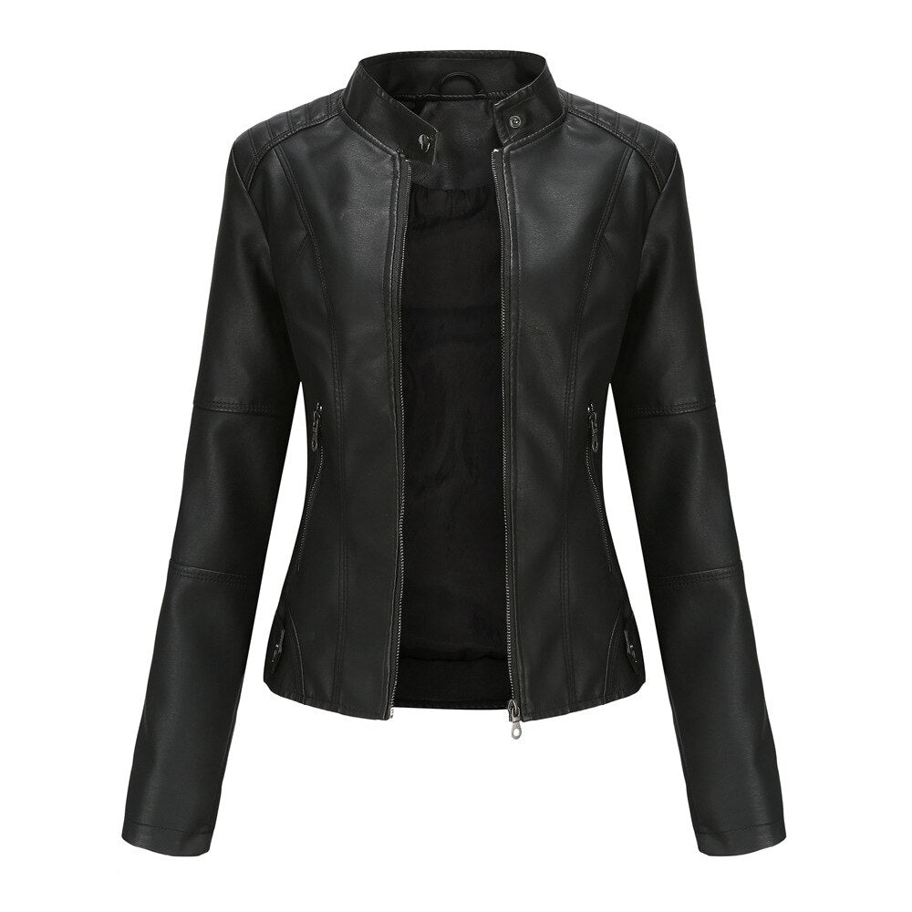 Veste cuir féminine élégante col montant