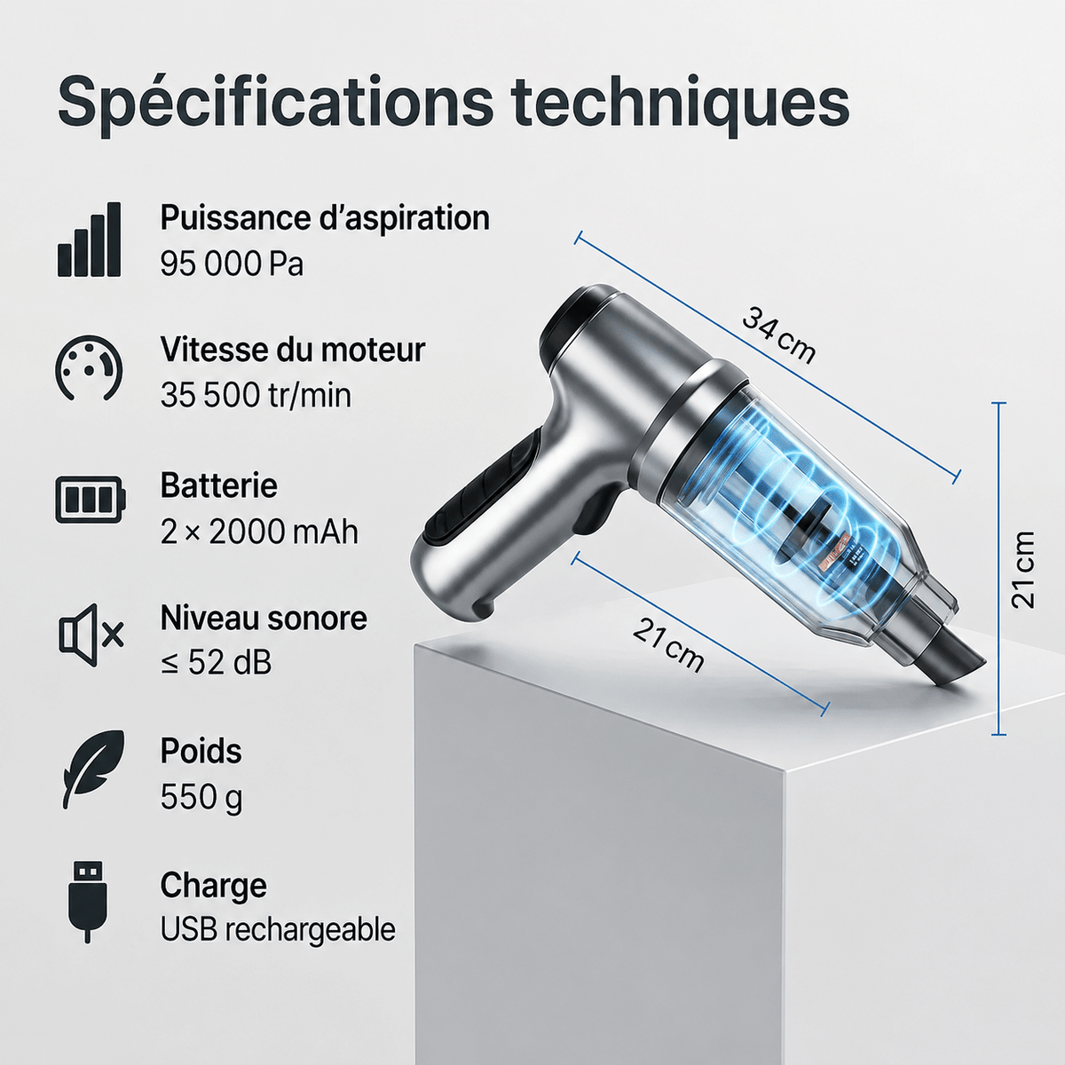 Aspirateur Voiture Sans Fil Compact Puissant Portable