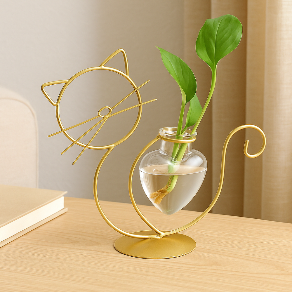 Bac à fleurs en verre Cœur Mignon avec Support Chat
