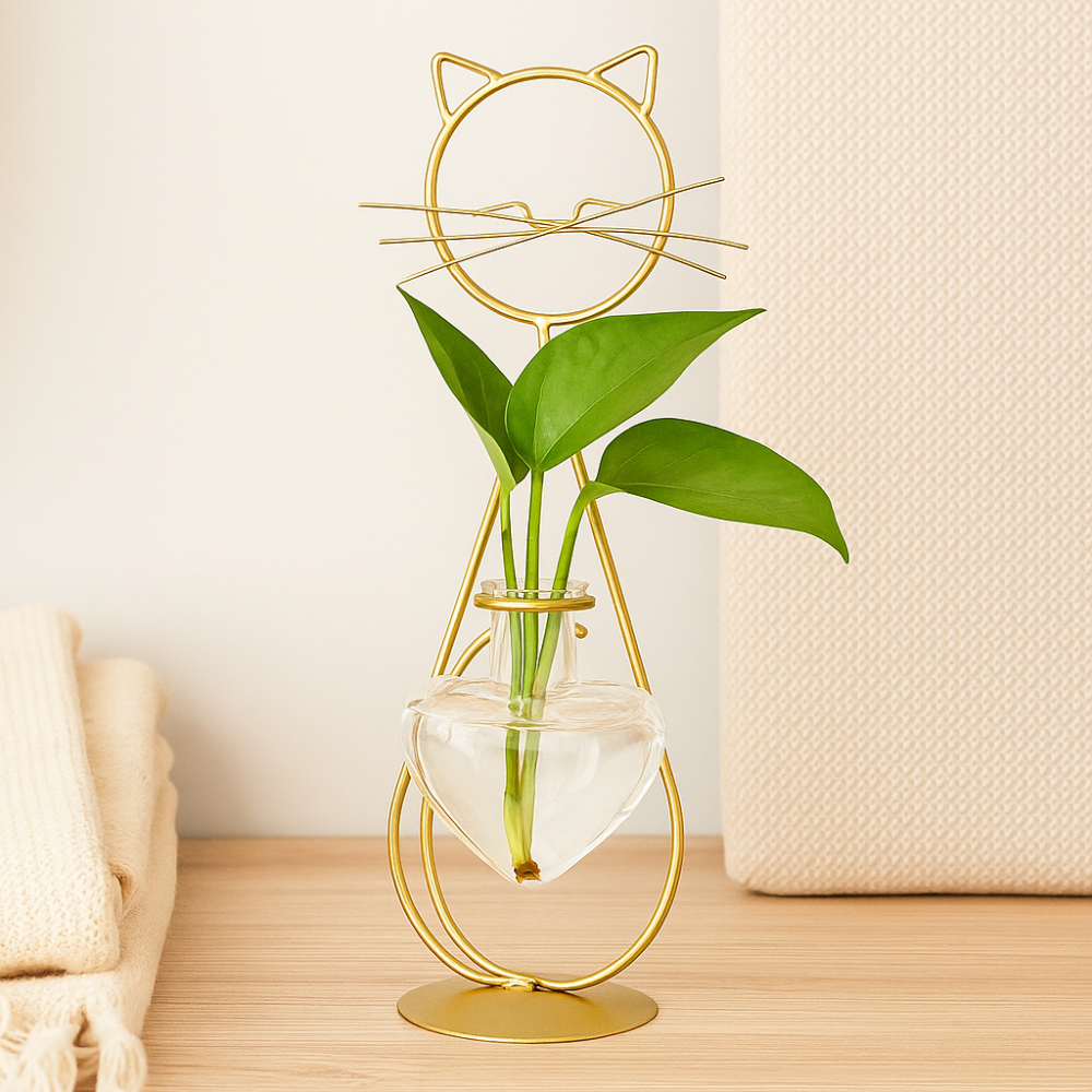 Bac à fleurs en verre Cœur Mignon avec Support Chat