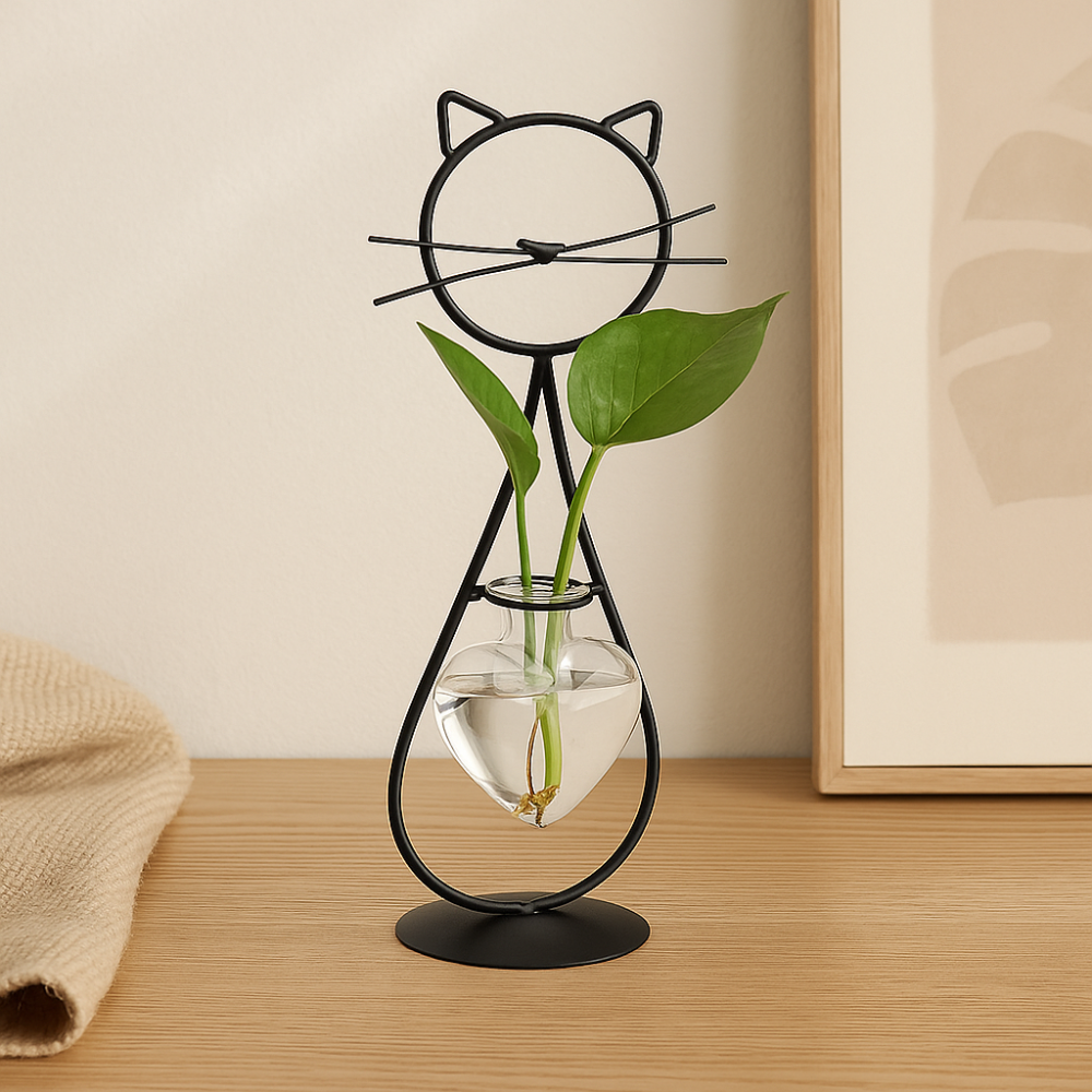 Bac à fleurs en verre Cœur Mignon avec Support Chat