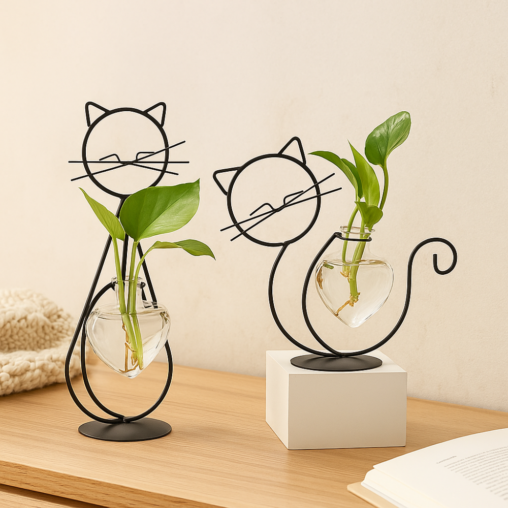 Bac à fleurs en verre Cœur Mignon avec Support Chat - BlxckFR