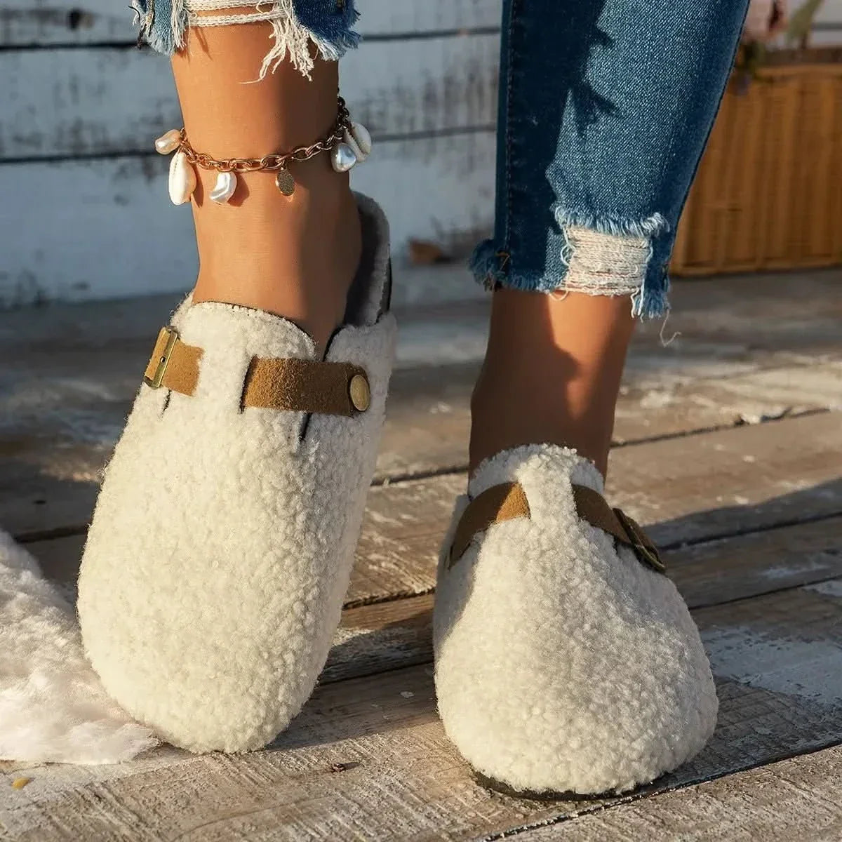 Chaussures Femme Fourrure Synthétique Bride Réglable Confortables - Foivo