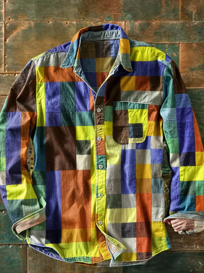 Chemise Homme à Manches Longues Patchwork Décontractée avec Poche 2